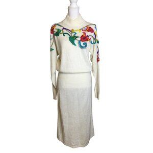 Vintage Darian Acrylic Knit Sweater Dress Crewel Embroidered Floral Slouch Midi